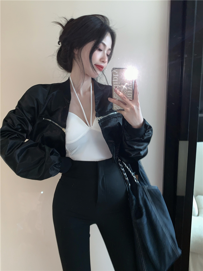 Real shot real price loose short jacket coat with halter vest slim jeans