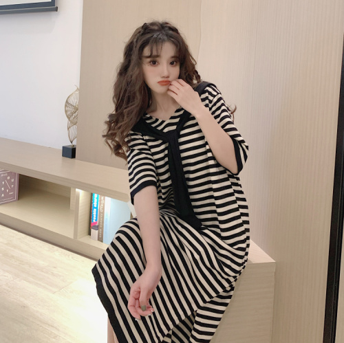 Summer  New Stripe loose and thin hooded knitted medium length skirt lazy casual dress women