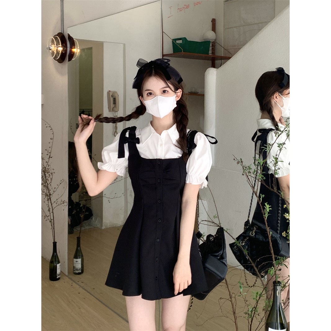 White Puff Sleeve Shirt Women Summer 2023 New Bow Tie Waist Dress Suspender Skirt Suit