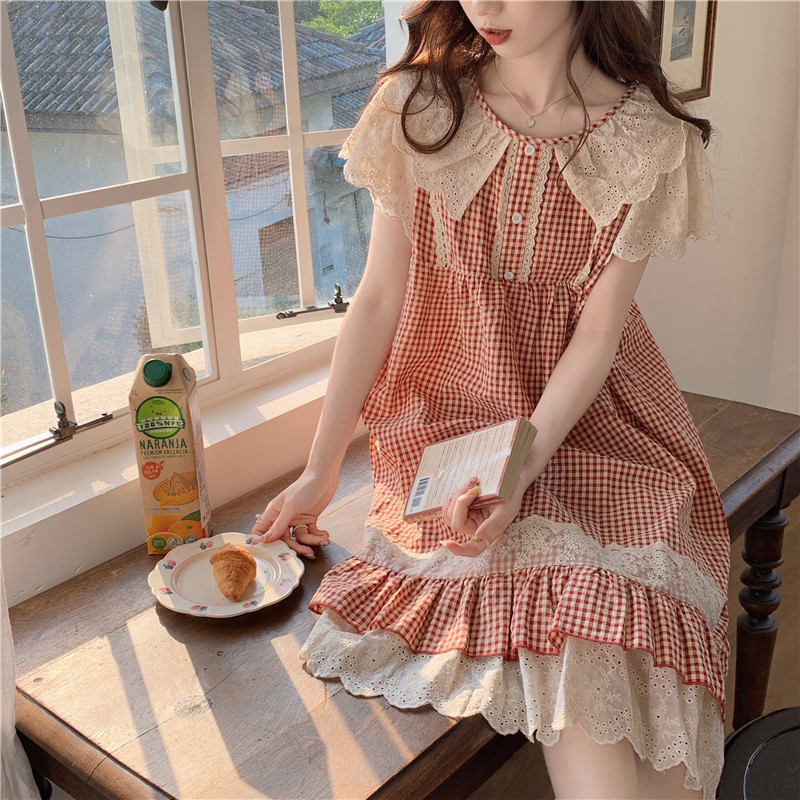 Real shot real price Korean version sweet princess style heavy industry lace lace cotton plaid long skirt home service nightdress