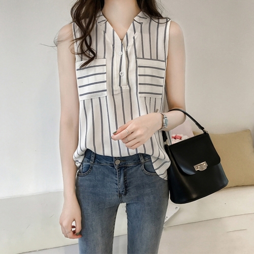 Summer 2020 new Korean large women's V-neck Stripe Shirt sleeveless top loose thin chiffon shirt