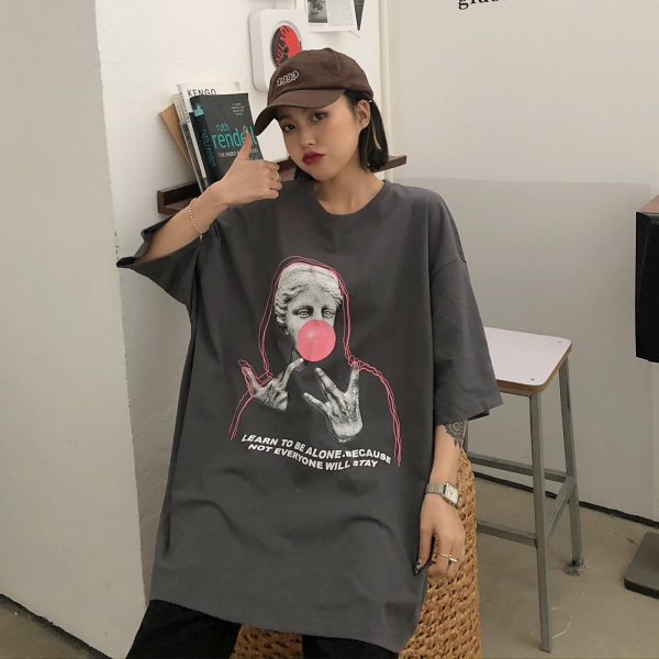 Real Hong Kong Style dark series spoof short sleeve T-shirt Korean loose print summer new men and women