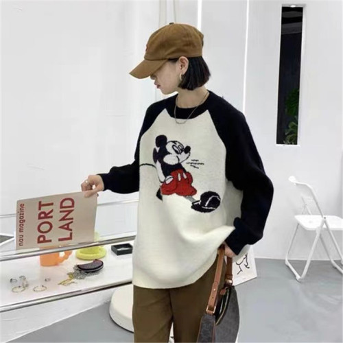 2021 autumn winter new round neck raglan sleeve cartoon Mickey sweater women's contrast color foreign style top fashion
