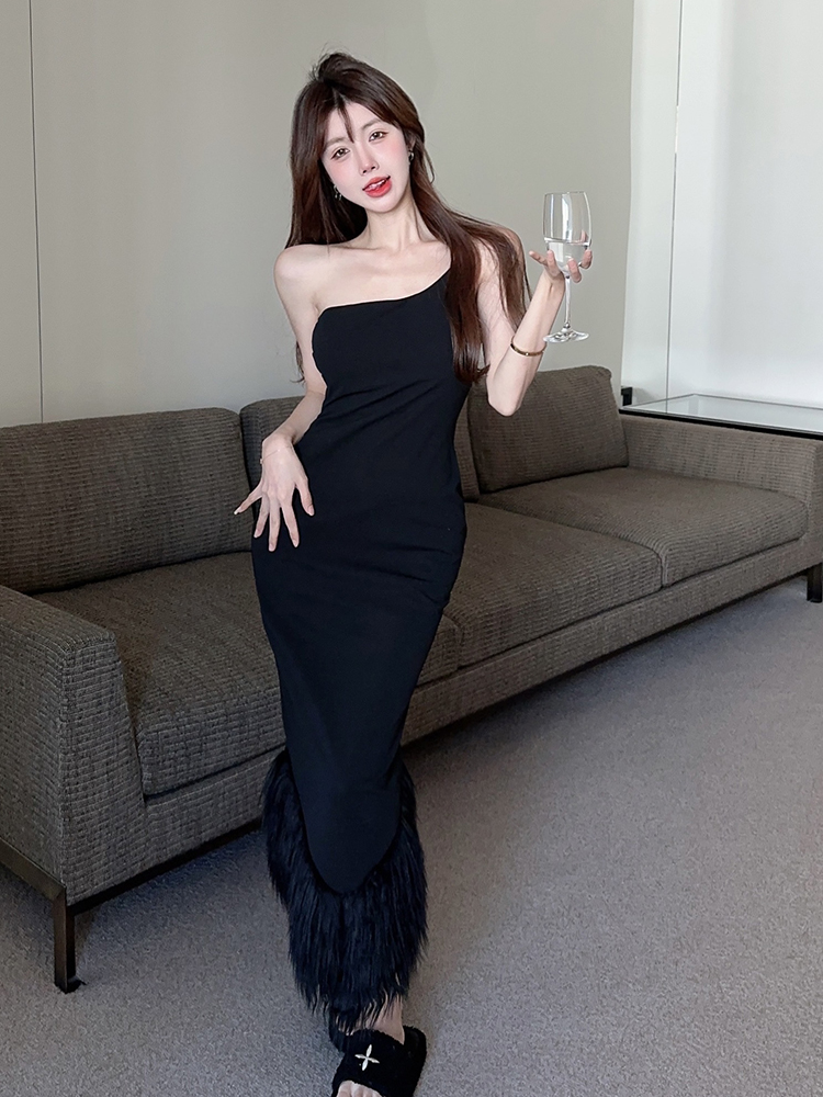 Real price sexy hanging neck fur skirt skirt skirt slim long skirt