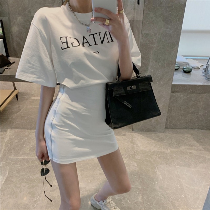Sexy split short sleeved T-shirt women's short skirt summer half sleeved top medium long dress sub skirt Hip Wrap Skirt