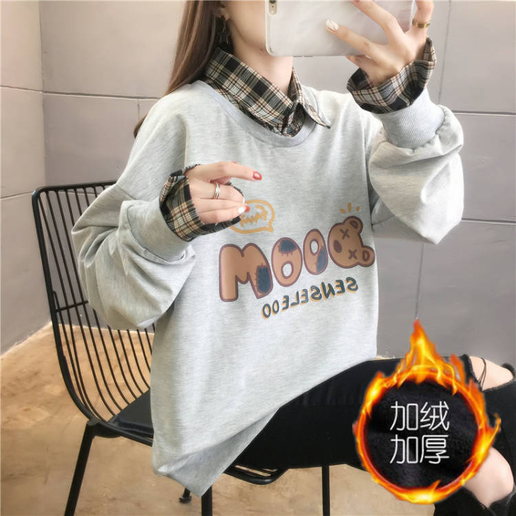 New product real shot new autumn and winter fake two loose Polo doll collar color matching thickening plus velvet sweater women's top