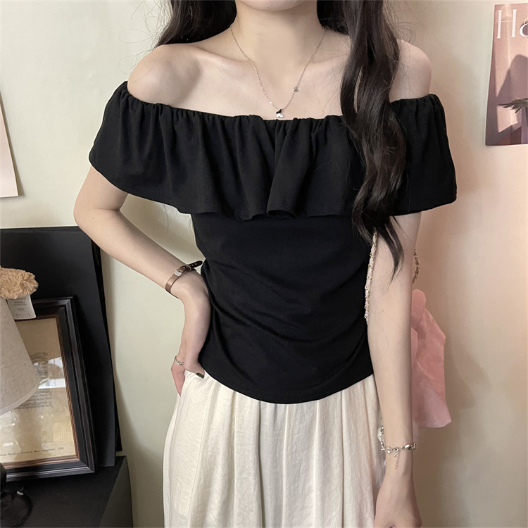 Real shooting one-shoulder sexy pure desire short-sleeved T-shirt women's summer pleated ruffled short style unique top 