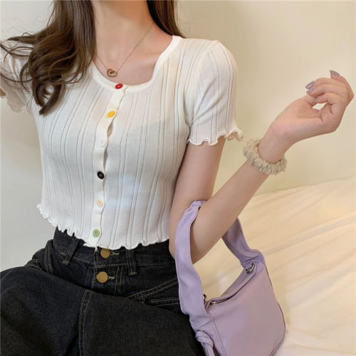 Real photo real price elegant top rainbow button slim short open navel knitted short sleeve T-shirt for women