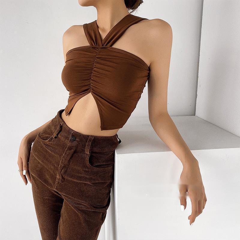 2022 summer hanging neck suspender vest women wear open back split slim knit short open navel knit top