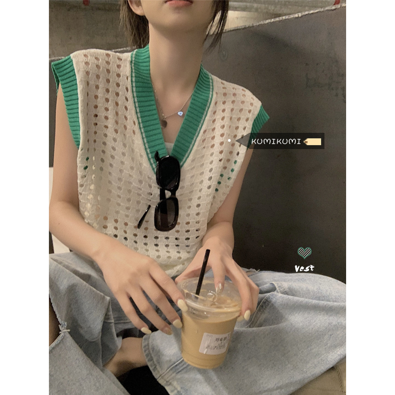 Hong Kong flavor contrast color V-neck hollow knitted vest vest women's summer loose waistcoat sleeveless top trendy