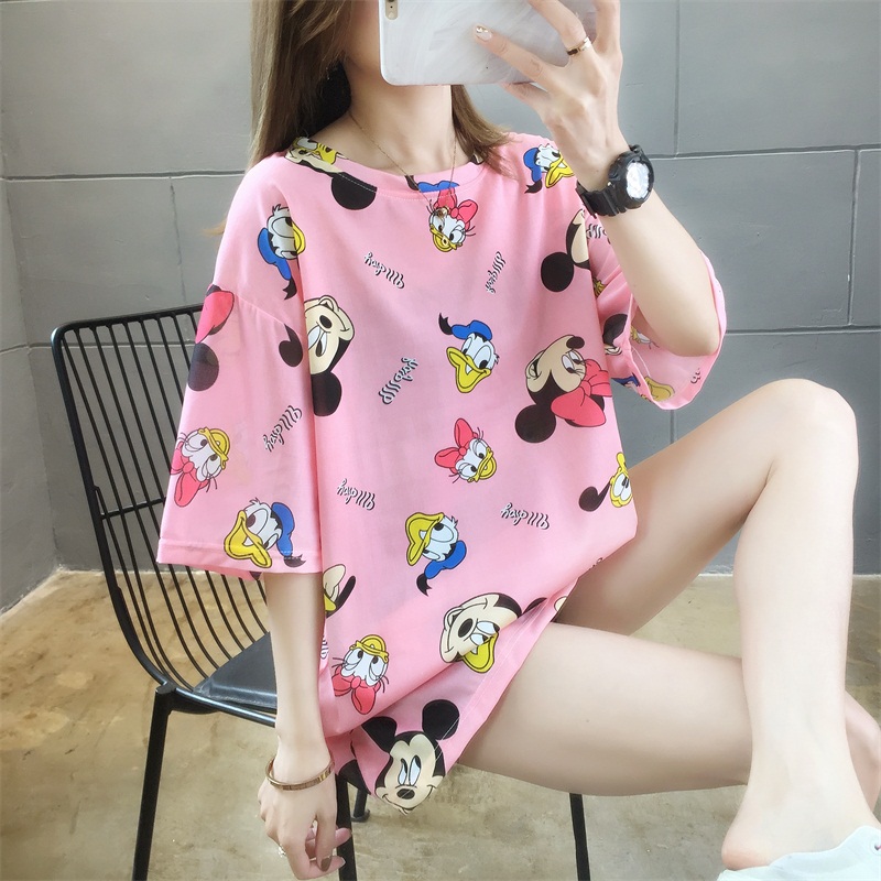 Real photo super hot spring and summer Korean casual and versatile cartoon Mickey loose medium length T-Shirt Top