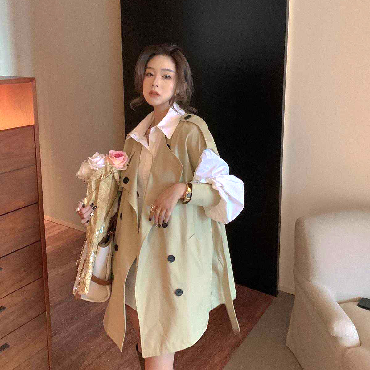 Two-piece suit female student ins style Korean style loose shirt + casual oversize double-breasted windbreaker vest