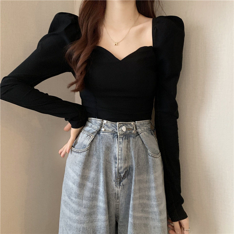 Slim-fit square-neck long-sleeved t-shirt women's bottoming shirt autumn French retro slimming meat-reducing age-reducing top