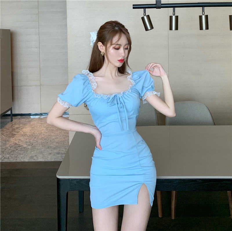 Real photo French Blue Lace Square Neck Lace Up Dress real price