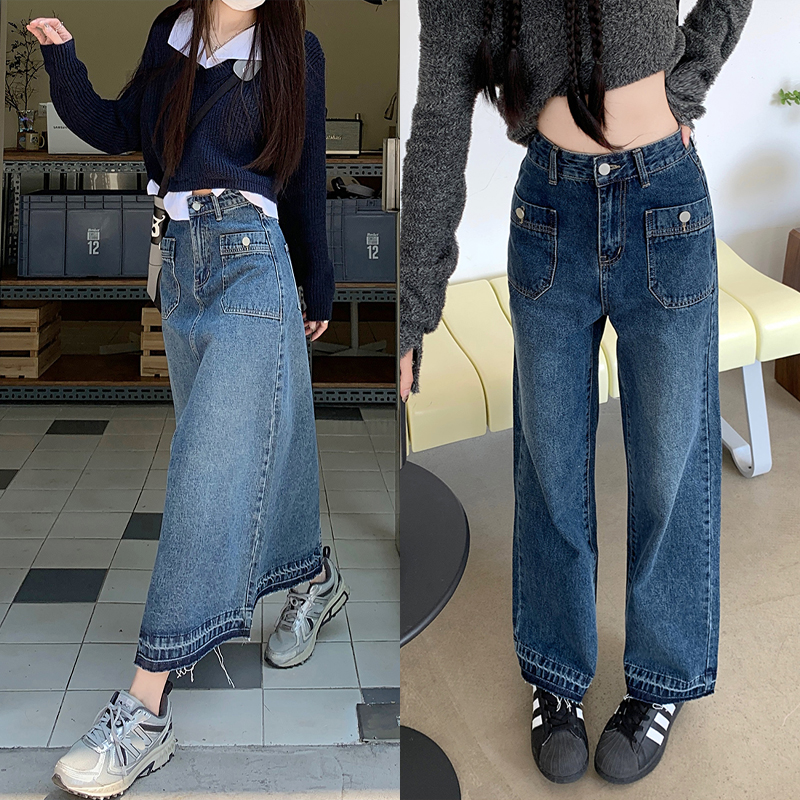 Real Price 2022 Fall New High Waist Slim Jeans Women + Pants Hem Contrast Color Raw Edge Denim Skirt