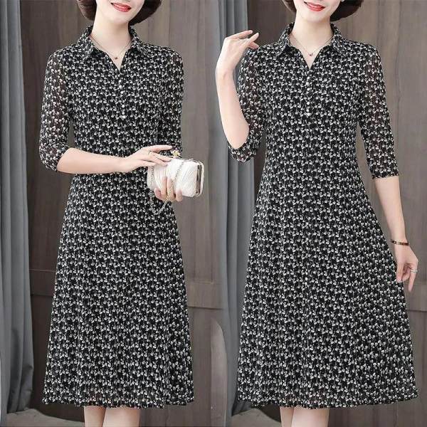Dress women's middle and long style 2021 summer new style foreign style middle-aged and elderly mothers are thin and high-grade broken flower Knee Skirt