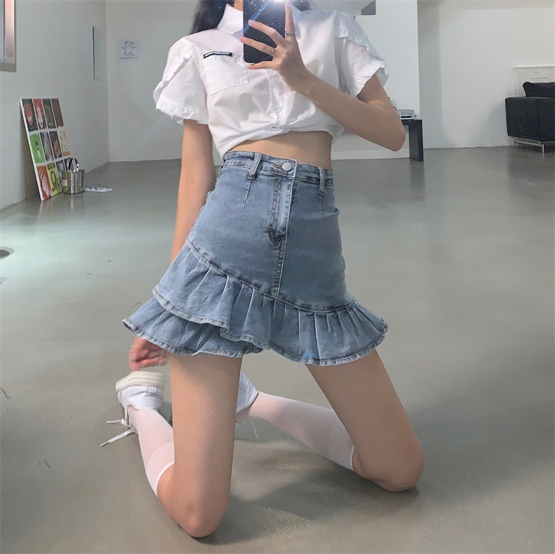 2022 summer sweet and spicy high waist A-shaped wrap hip Ruffle denim skirt skirt, fishtail skirt and truth skirt
