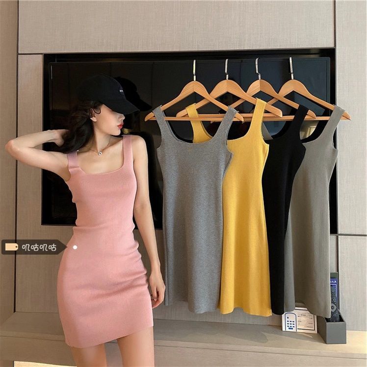 Live shooting; Four seasons South Korea same style casual sexy slim fit sweater sleeveless dress women's sweater