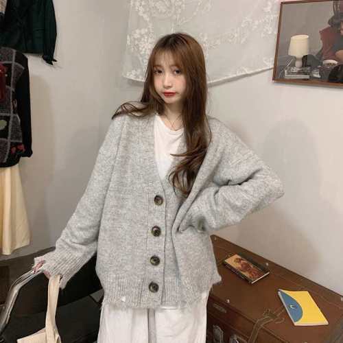 Sweater coat soft waxy cotton cashmere women autumn winter long sleeve Korean version loose lazy wind thickened medium length cardigan top