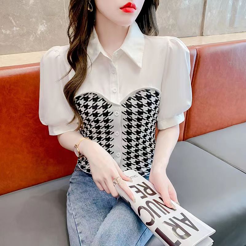 Houndstooth shirt women's 2023 summer new splicing thin short section icy silk short-sleeved top tide