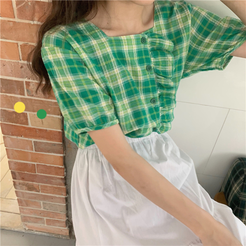 Real photo real price summer Korean sweet ear edge Plaid square collar short sleeve shirt girl