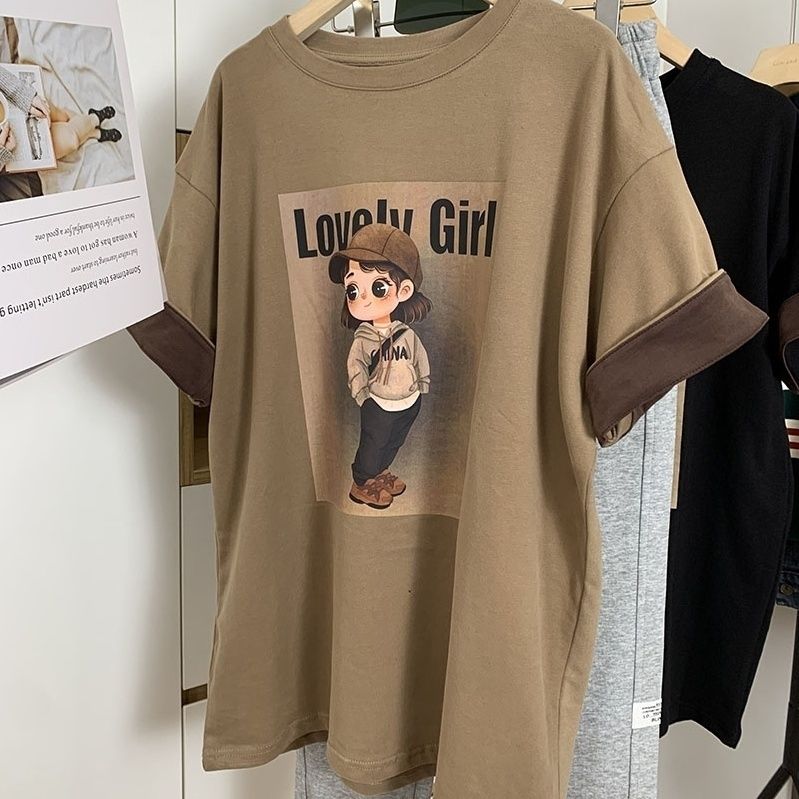 280g cationic German velvet T-shirt women's European thickened short-sleeved ins trendy splicing all-match round neck top