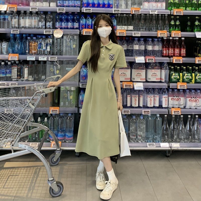 College style polo collar dress women's summer 2022 new mid length waist slim short sleeve A-line skirt