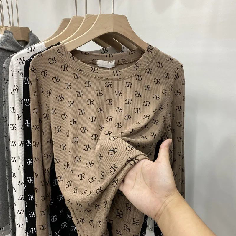 Thread autumn new super hot Korean ins net red letter printing port style slim casual round neck long sleeve T-shirt