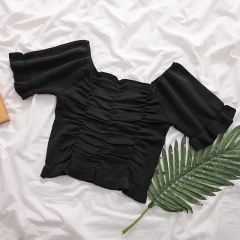 Summer new retro French style square collar fold exposed clavicle care machine slim short sleeve T-shirt girl