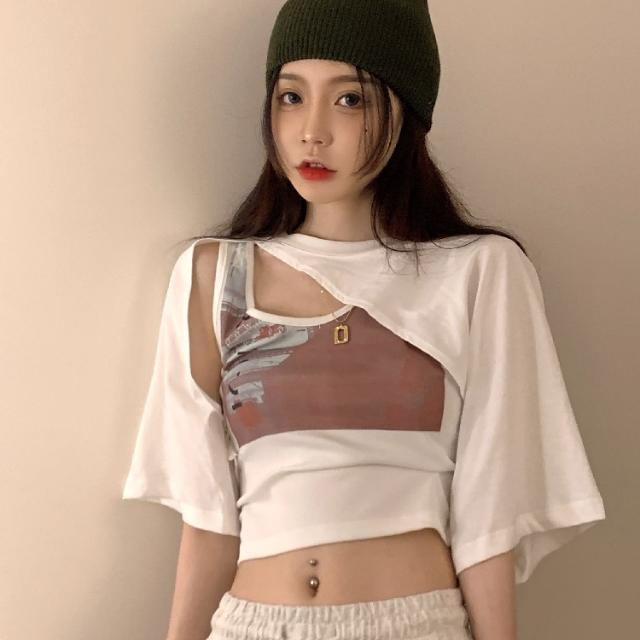 Imitation cotton milk silk official image design sense sweet inc printed vest irregular short-sleeved T-shirt two-piece set