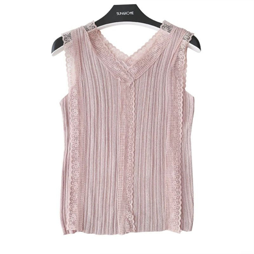 Sweet V-neck hollowed out lace knitted vest for women's Korean version slim fit with sleeveless top and bottomed blouse