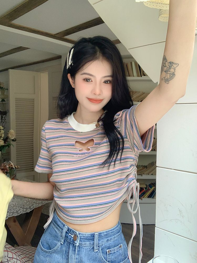 Hollow Stripe Short Sleeve T-shirt for Women's Summer Korean Version 2023 New Design Sense Lace Slim Fit Short Top