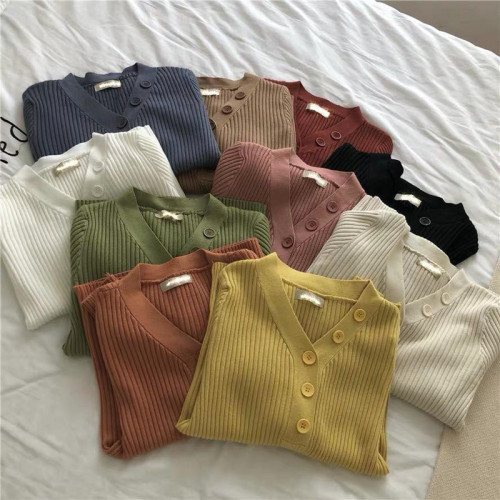 Candy V-neck one button T-shirt sweater long sleeve slim Pullover bottoming