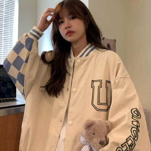 Double coat jacket jacket women's spring and autumn Korean version all-match checkerboard letter printing loose baseball uniform top
