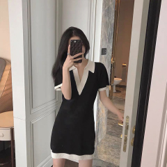 2021 summer new French Retro High Waist V-neck small black dress super fairy first love egg Platycodon knitted dress