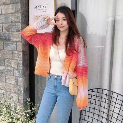 Gradient rainbow short V-neck knit cardigan 2021 winter new simple versatile top