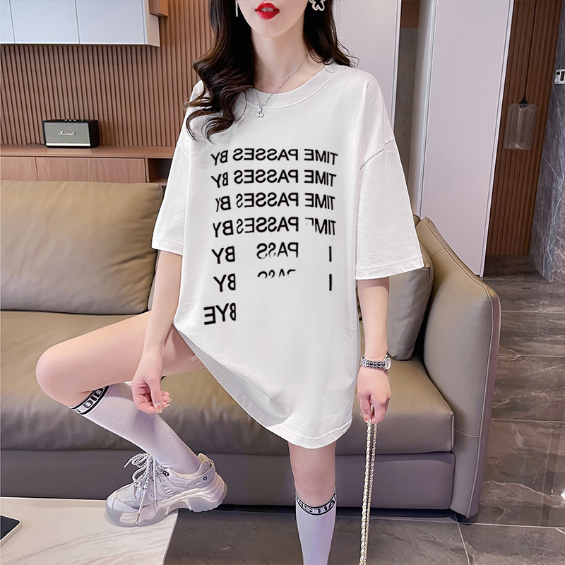 Real shot-summer cotton back bag strip printing plus size top short-sleeved t-shirt for women