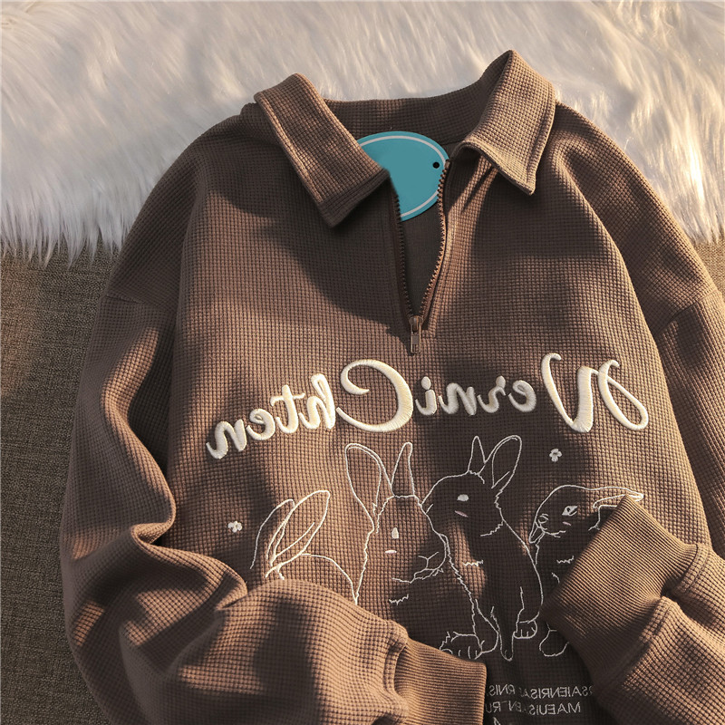 Back bag waffle collar bag embroidered half zipper sweater women's autumn loose polo shirt