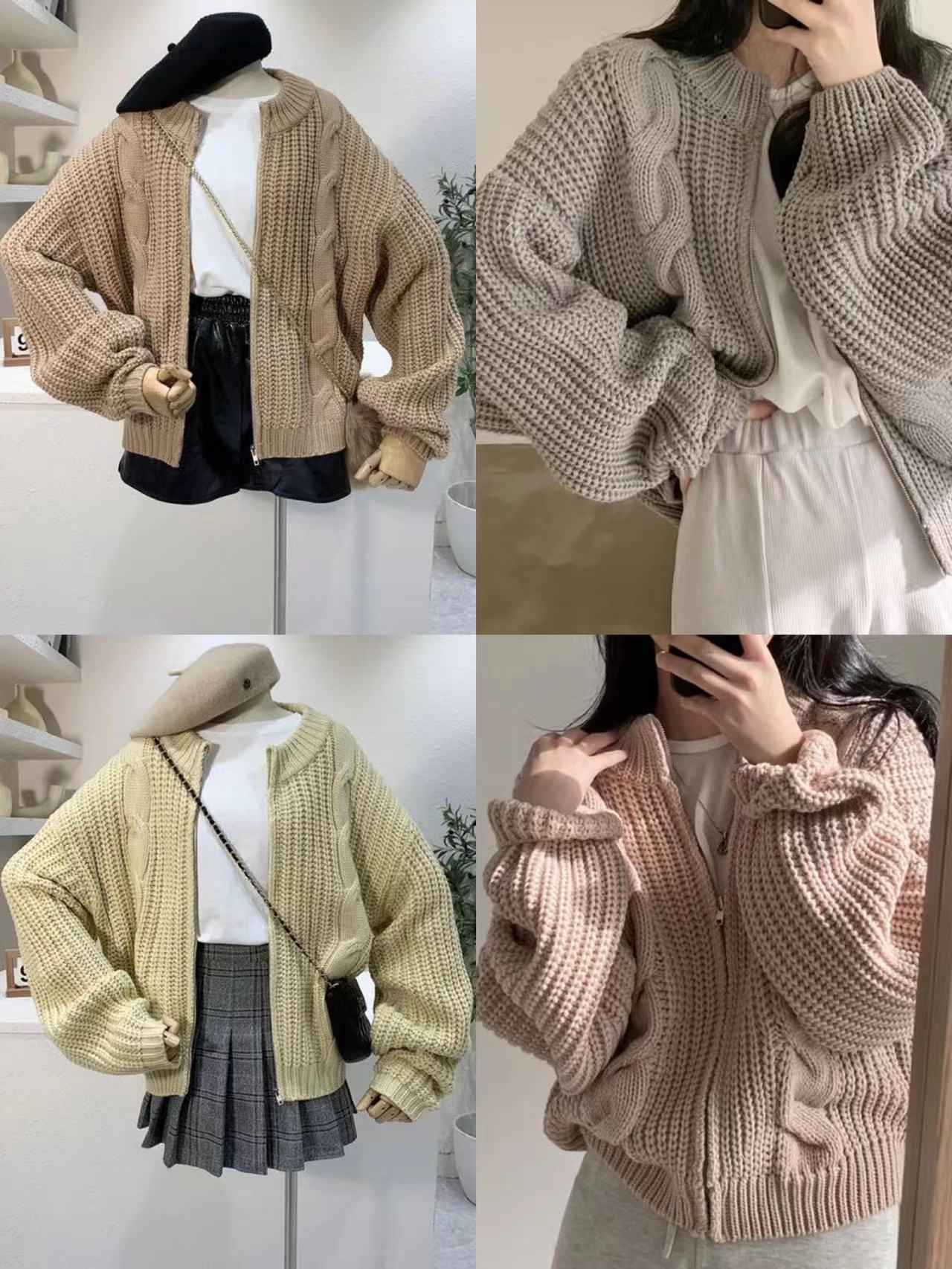 Korean chic retro lazy wind round neck zipper hemp pattern loose thick needle thickened cardigan sweater jacket women