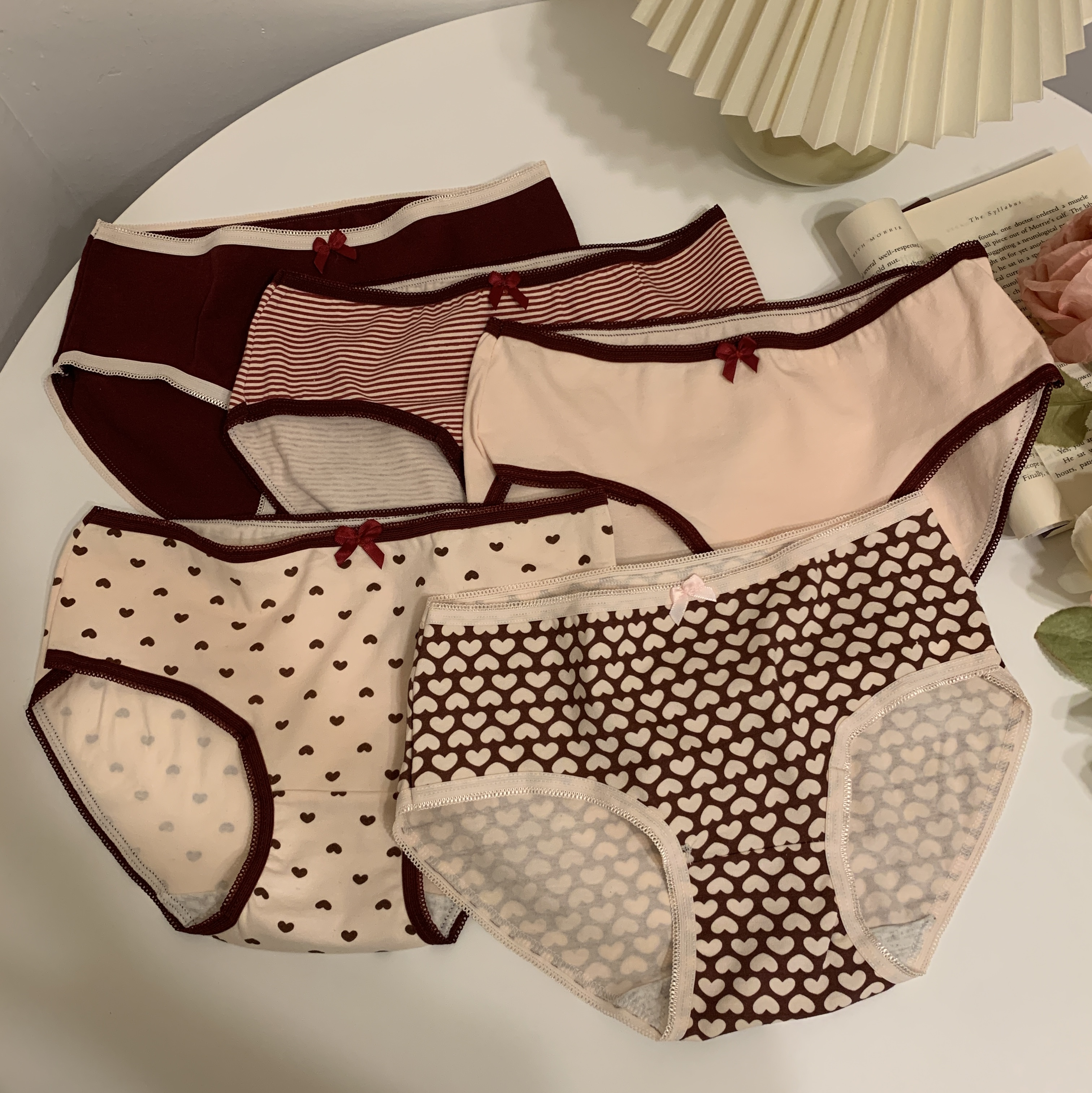 Real Price, Sweet Love, Wine Red Girls Underwear, Cotton Crotch, Mid Waist Briefs, 5 Packs
