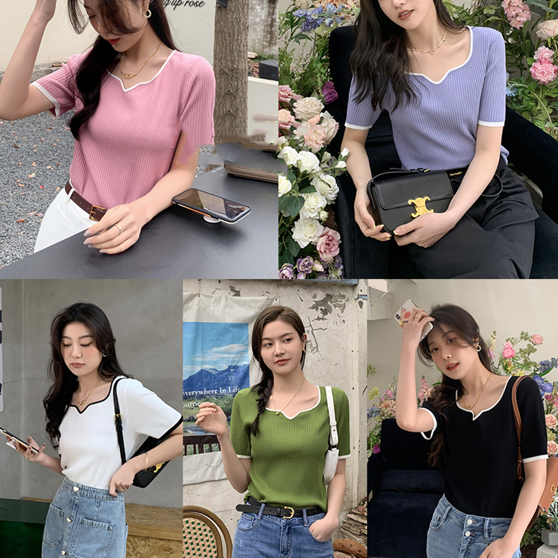 2022 summer new fashion short sleeved sweater women's simple design sense of minority chic thin top