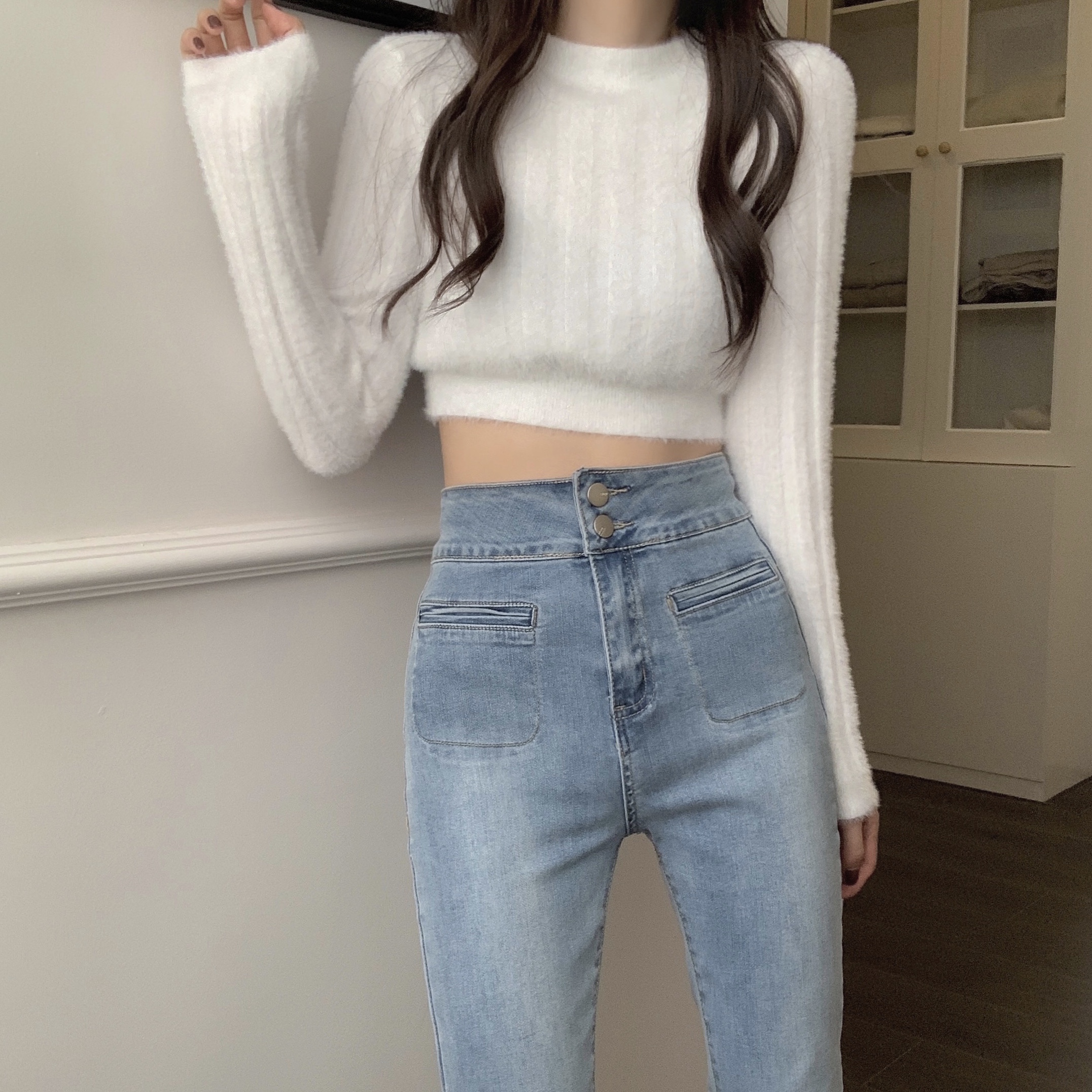 Net Price Sweet and Waxy Mink Fur Long Sleeve Slim Knit Sweater Sweater Slim Short Navel Cropped Versatile Top