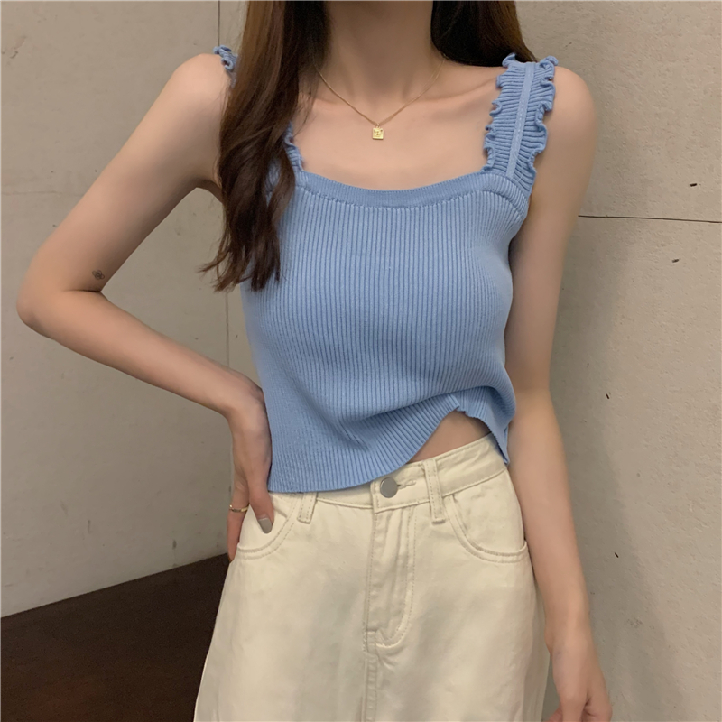 Korean version of new ear edge knitted suspender vest women's summer wear design sense high waist short sleeveless top