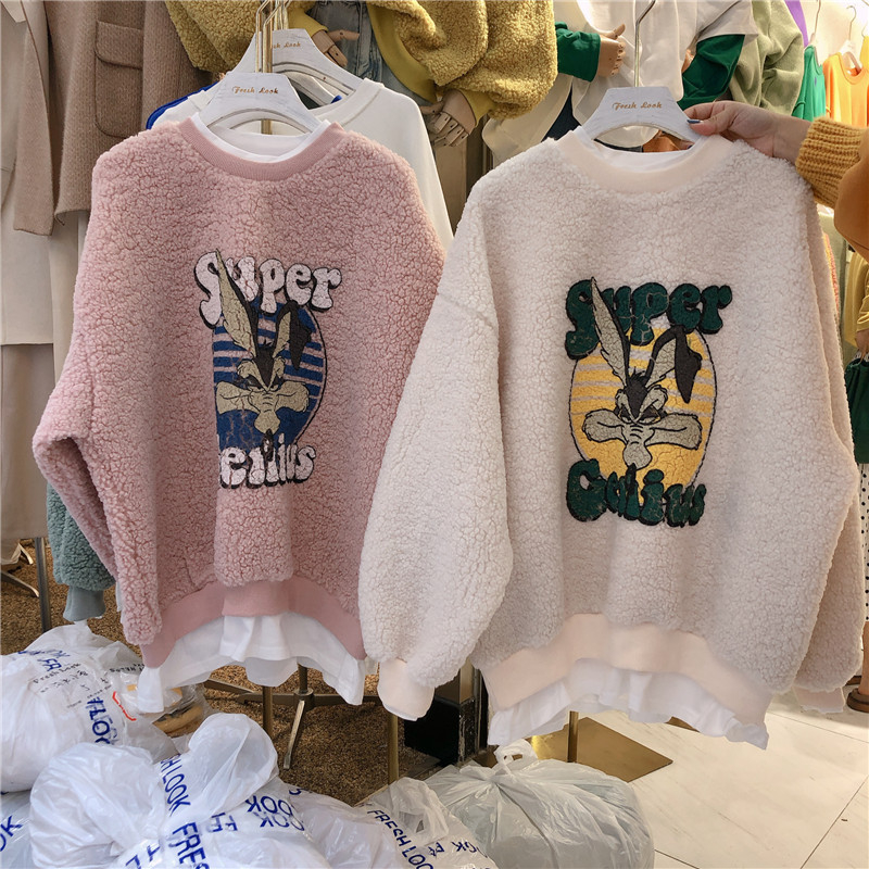 Small house women's big shopping explosion version two fake lamb wool loose sweater women