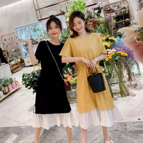 New Korean version loose stitching fake two piece suit skirt with waistband and medium length skirt showing thin dress for women summer