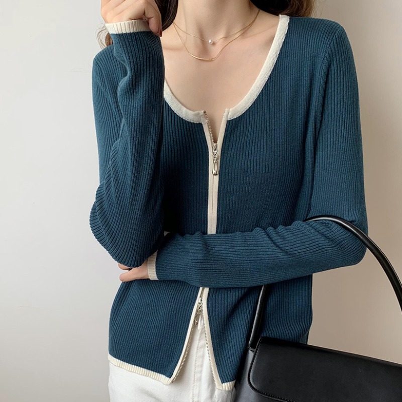 Two way double head zipper sweater women's spring and autumn design soft waxy long sleeve outside cardigan thin top bottom shirt