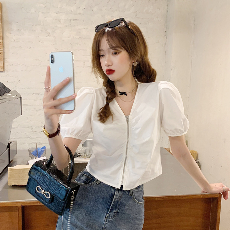 Top women's design sense chiffon puff sleeve shirt women's summer new new zipper V-neck shirt