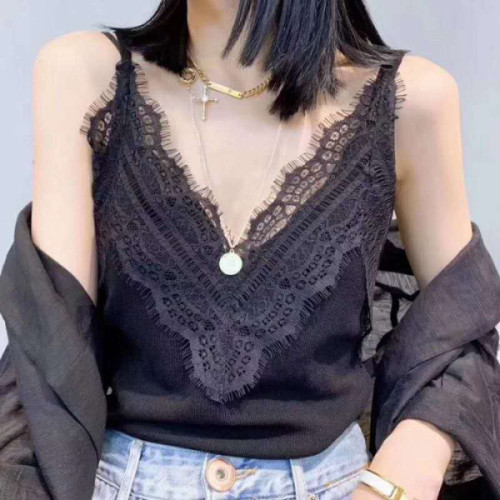 Lace lace suspender women sexy eyelashes open back flower vest bottoming sleeveless top elastic ice knitting