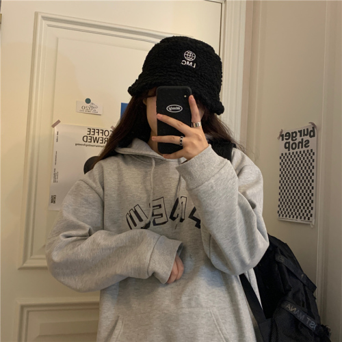 187 × 300g composite double hat Harajuku wind day loose Plush thickened hooded sweater women's ins trend