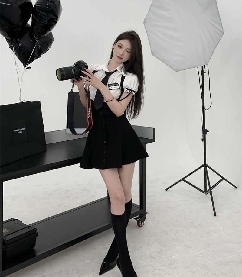 Real shot price college style suit summer sweet short-sleeved puff-sleeved shirt black suspender skirt